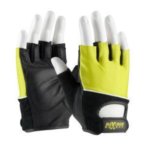 Leather Palm Lifting Gloves with Reinforced Padded Palm Insert - Hi-Vis Yellow Cotton Back