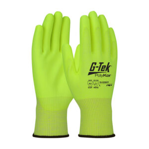 Hi-Vis Seamless Knit PolyKor® Blended Glove with Polyurethane Coated Flat Grip on Palm & Fingers