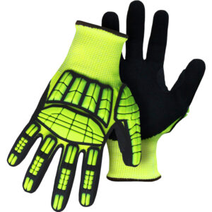 Seamless Knit HPPE Blended Glove with Hi-Vis Impact Protection and Sandy Nitrile Coated Palm & Fingers