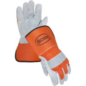 Premium Grade Split Cowhide Leather Double Palm Glove with Fabric Back and Aramid Stitching - Rubberized Gauntlet Cuff