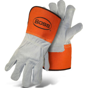 Premium Grade Split Cowhide Leather Double Palm Glove with Full Leather Back and Aramid Stitching - Rubberized Gauntlet Cuff