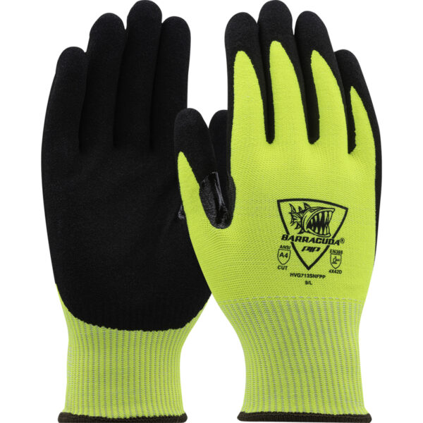 Hi-Vis Seamless Knit Polykor Blended Glove with Padded Palm and Nitrile Coated Sandy Grip on Palm & Fingers - Touchscreen Compatible