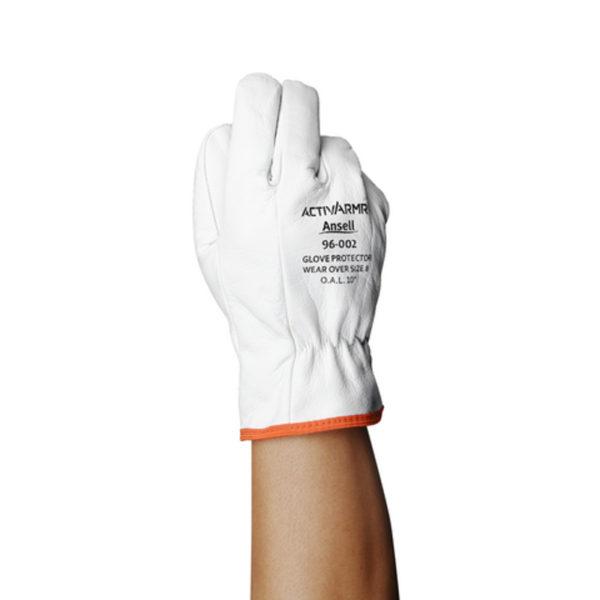 Goatskin leather protectors, for enhanced low-voltage glove life and improved hand safety