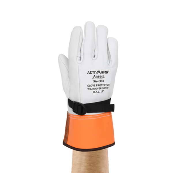 Goatskin leather protectors, for extended high-voltage glove life and enhanced hand safety