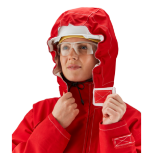 Chemical-splash-resistant hood for use with AlphaTec Breathable jacket, coat and coverall.