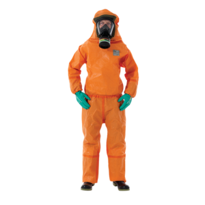 Rear entry chemical protective coverall with rubber face seal, Type 3/4/5 protection