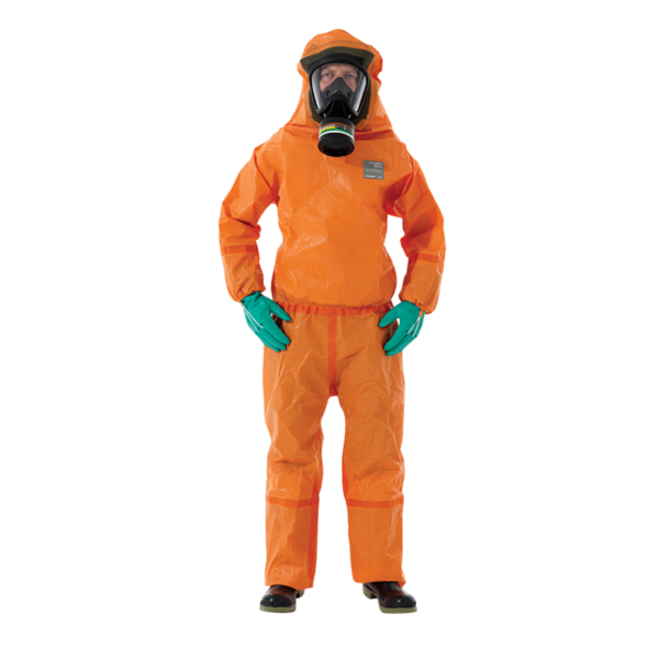 Rear entry chemical protective coverall with rubber face seal, Type 3/4/5 protection