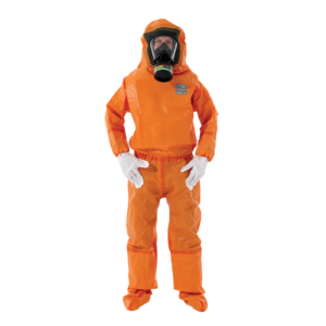 Rear entry chemical protective coverall with rubber face seal, Type 3/4/5 protection