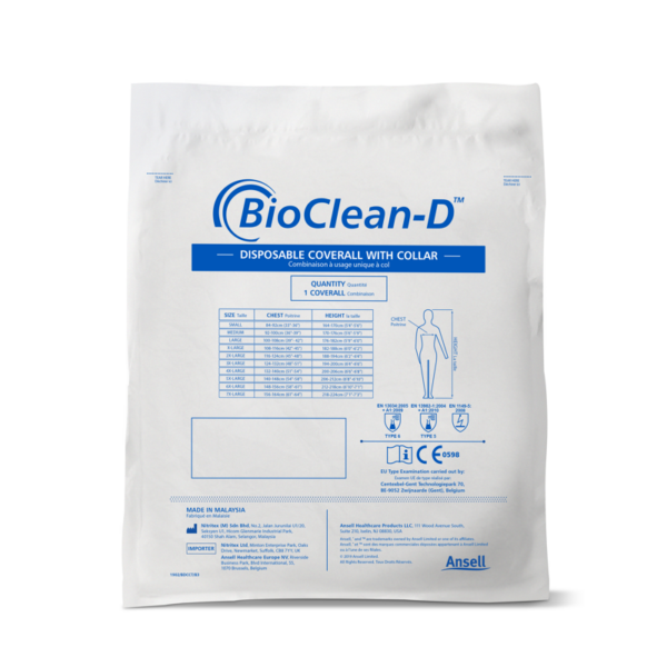 Non-sterile, disposable coverall with collar for protection against chemicals