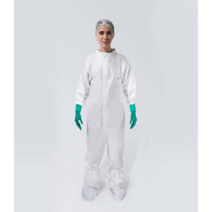 Non-sterile, disposable coverall with collar for protection against chemicals