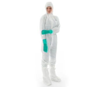 Non-sterile antistatic coverall with hood, for protection from a range of chemicals