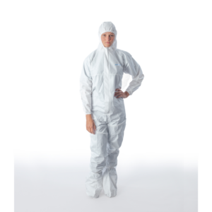 Sterile cleanroom coverall with hood and integrated boots, for chemical and liquid splash protection