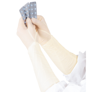 Non-sterile latex cleanroom gloves, ensuring elbow length-protection and easy double-donning
