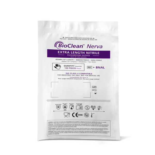 Nitrile elbow-length cleanroom gloves resistant against a range of chemicals