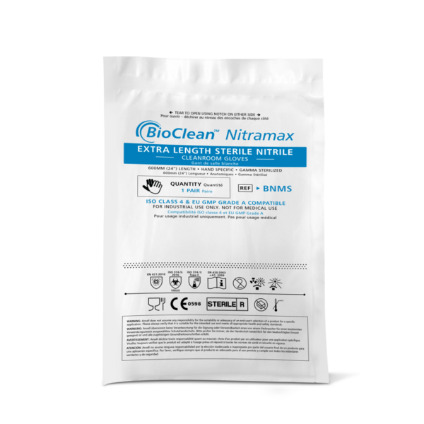 Sterile powder-free nitrile cleanroom gloves, for full-arm protection from chemical hazards