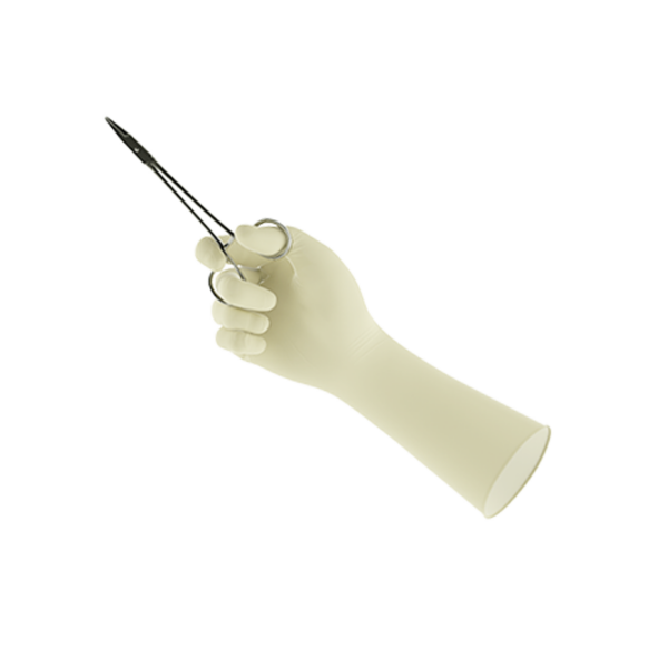 Latex, powder-free surgical glove with a smooth finish and optimized thickness achieving the ideal balance of protection and tactile sensitivity