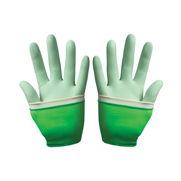 Synthetic, pre-donned double gloving system of two polyisoprene (PI) gloves in one, making it easy to double glove in one don