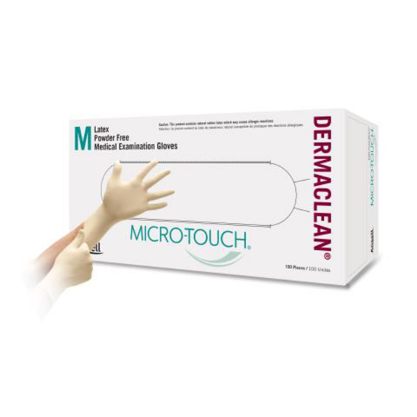 Latex, powder-free, examination glove with excellent grip properties
