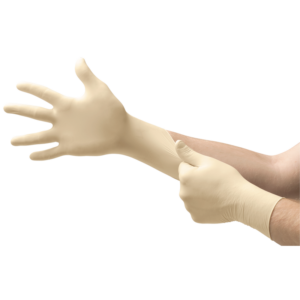 Latex, powder-free, examination glove with excellent grip properties