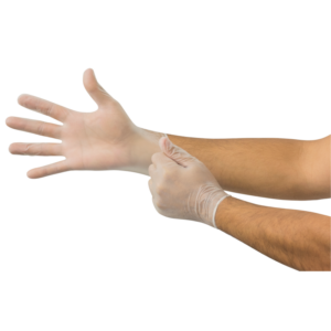 Vinyl, powder-free examination glove for use in low-risk clinical applications