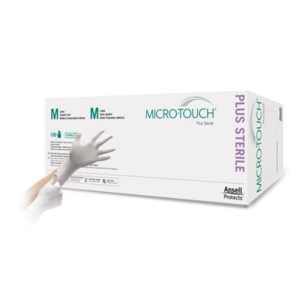 Latex, powder-free, sterile examination glove with excellent tactile sensitivity and grip