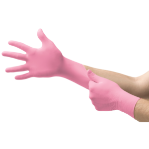 Nitrile, powder-free pink examination glove designed to minimize Type IV chemical allergies