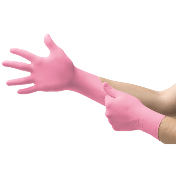 Nitrile, powder-free pink examination glove designed to minimize Type IV chemical allergies