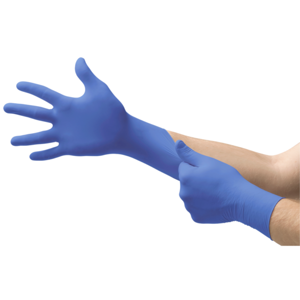 Nitrile, powder-free examination glove with a thin film formulation for unrestricted tactile sensitivity
