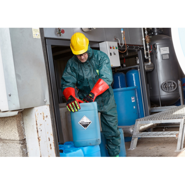 PVC-coated short gauntlet-style impact gloves, offering waterproof chemical resistance