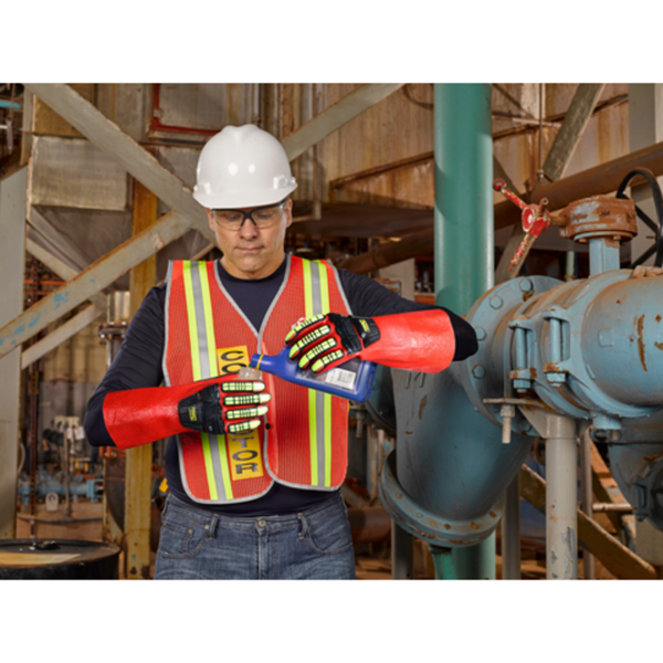 PVC-coated short gauntlet-style impact gloves, offering waterproof chemical resistance