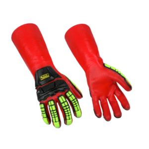 PVC-coated short gauntlet-style impact gloves, offering waterproof chemical resistance