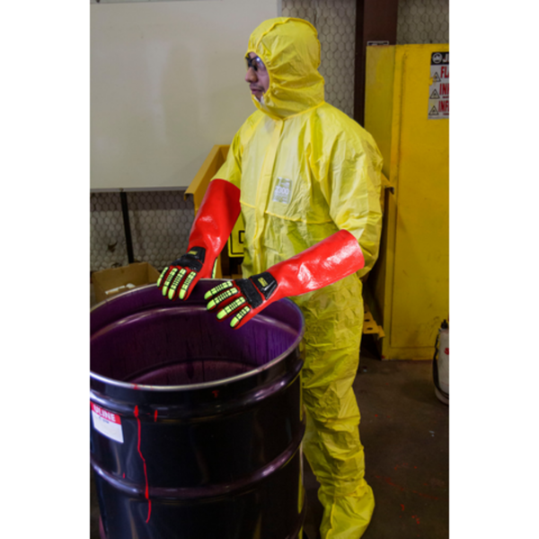 Waterproof PVC-coated long gauntlet-style impact gloves, for advanced chemical protection