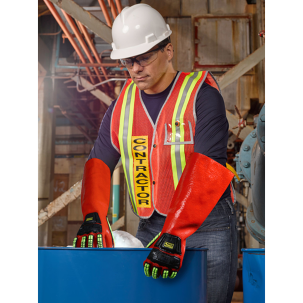 Waterproof PVC-coated long gauntlet-style impact gloves, for advanced chemical protection