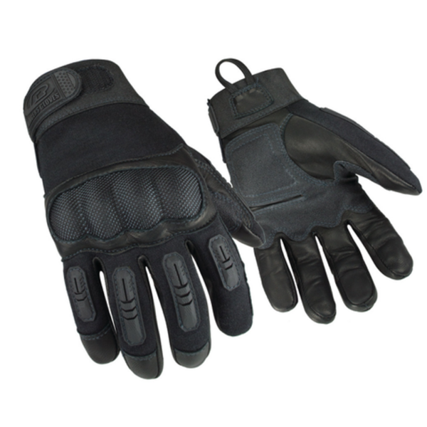 Hard-knuckle flame-resistant tactical gloves, featuring a leather palm and PVC palm patch