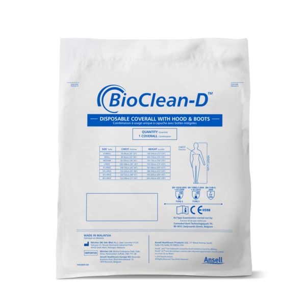 Sterile cleanroom coverall with hood and integrated boots, for chemical and liquid splash protection