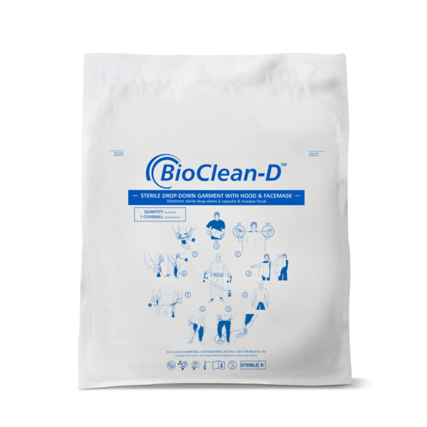 Sterile drop-down cleanroom coverall, featuring removable tabs for aseptic donning
