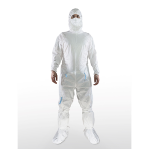 Sterile drop-down cleanroom coverall, featuring removable tabs for aseptic donning